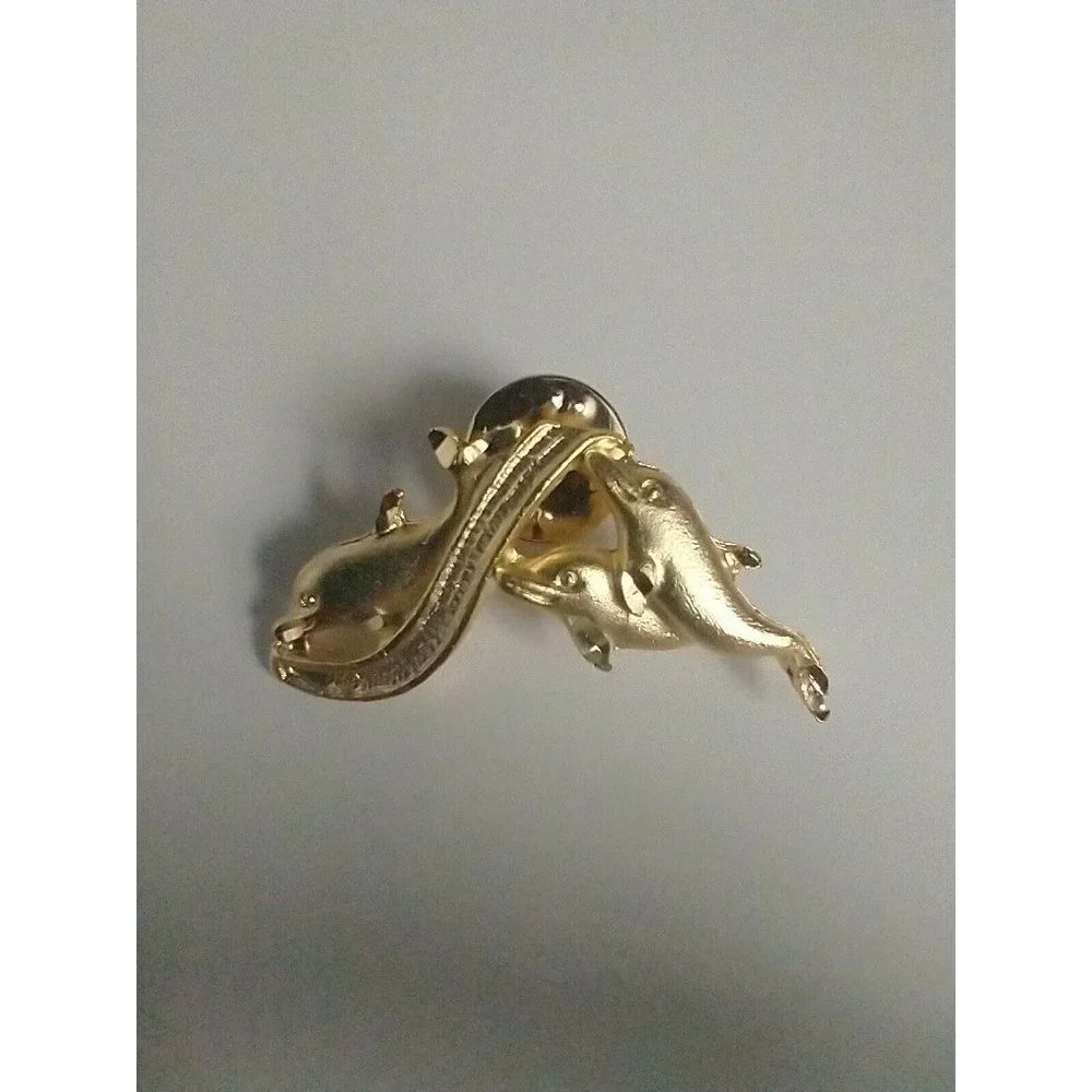 Dolphins BROOCH Gold Tone Pin SIGNED